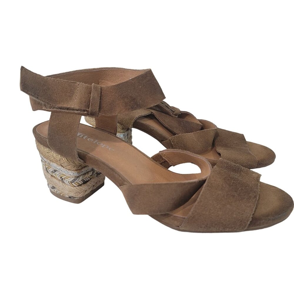 Antelope NWOT Brown Suede Block Heel Sandals W/ Woven heel Detail size 37